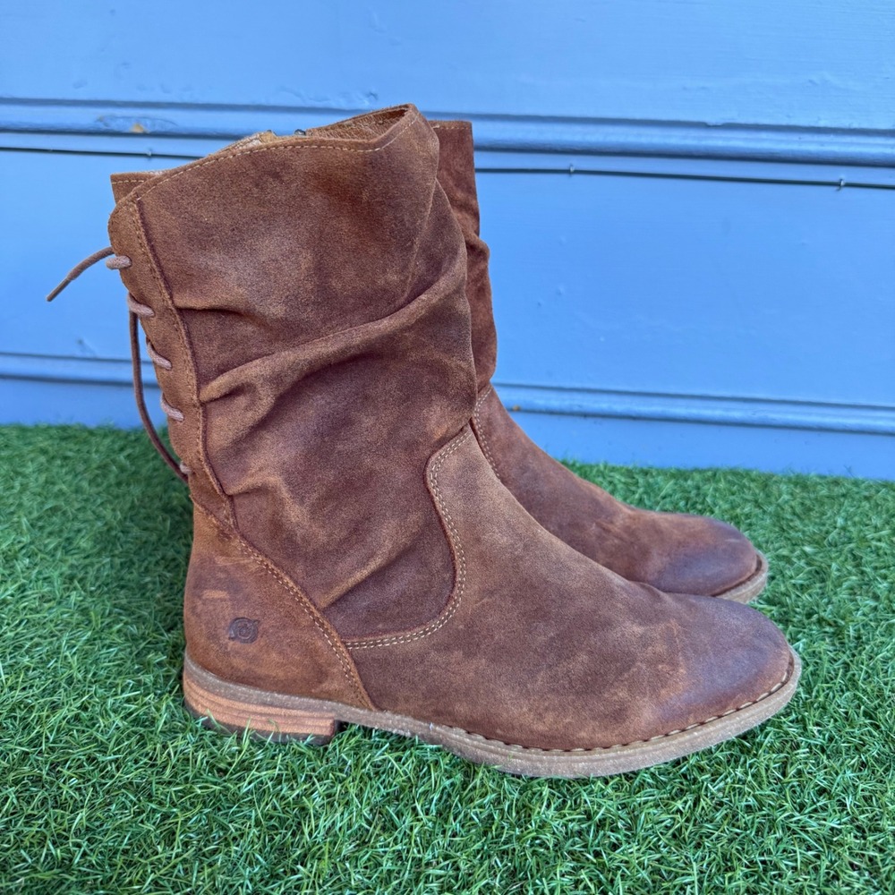 Born Shasta Boots Womens 8.5 Brown Suede Slouchy Lace Up Back Mid Calf Boho - Picture 2 of 9